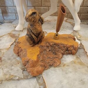 Vintage Hand Carved Bunny Rabbit Pen Holder 🐇